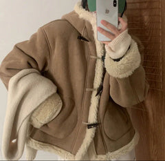 Thickened Hooded Horn Button Fur Outwear