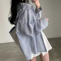 Long Sleeve Coat Plus Size Rimmed Patchwork Stripes Shirt For Women