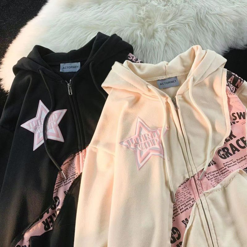 Star Letter Print Patchwork Oversized Hoodie - fairypeony