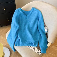 Elegant Solid Color V-Neck Soft Pullover Sweater for Women