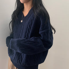 Dark Academia Cable Knit V-Neck Sweater