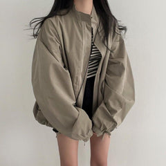 Women's Loose Fit Baseball Jacket – Korean Style Zip-Up Streetwear Coat