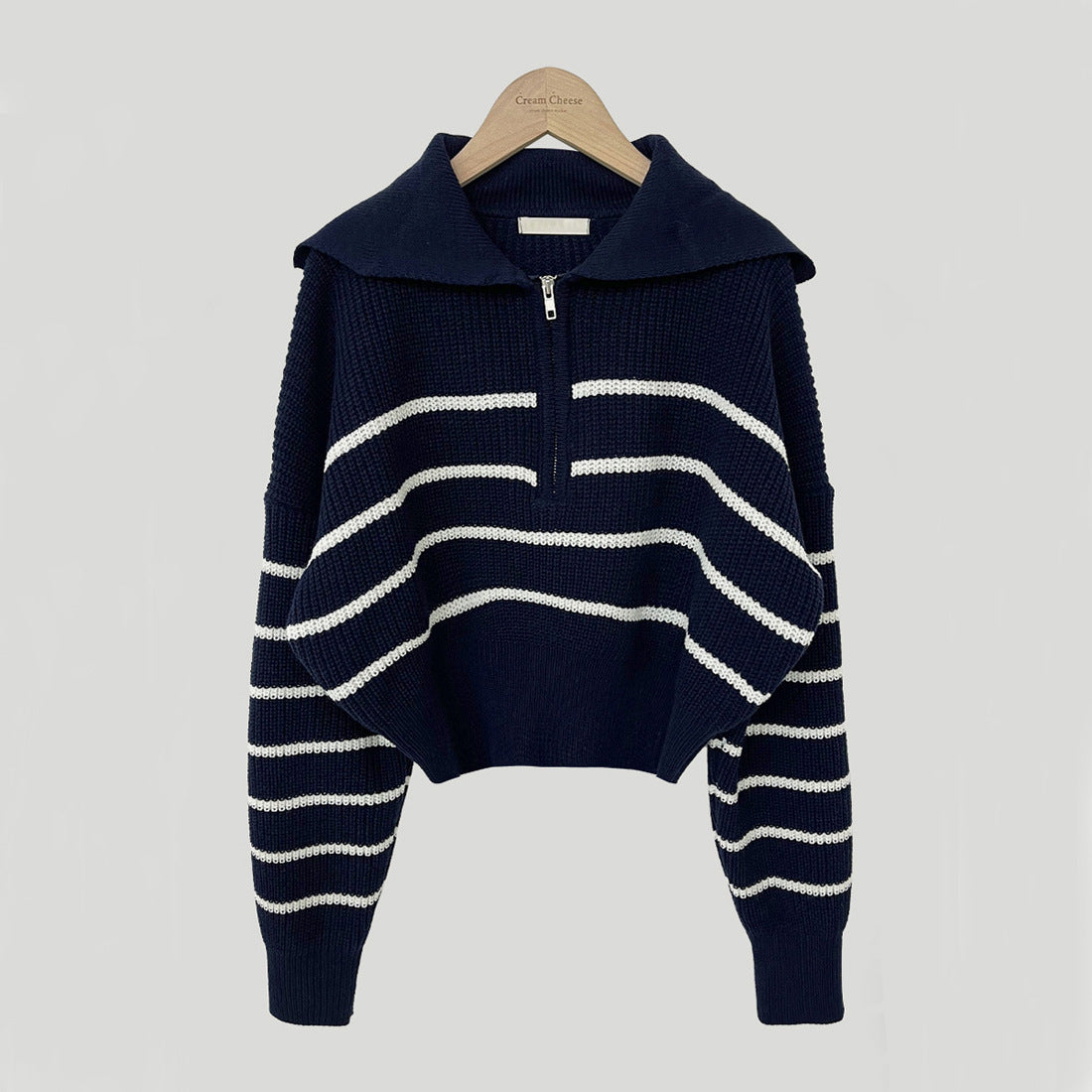 Vintage Striped Half Zip Up Cropped Sweater