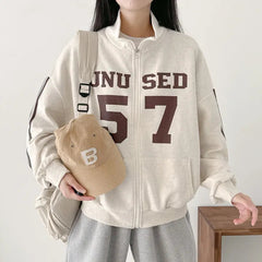 Vintage Number Print Oversized Zip Up Jacket