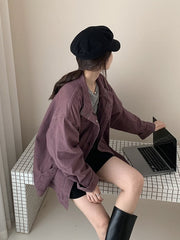 Stand Collar Long-Sleeve Coat – Snap Button Washed Cotton Jacket in 3 Colours