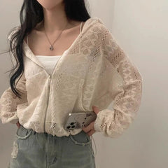 Jacquard Drawstring Thin Knitted Hooded Zipper Cardigan