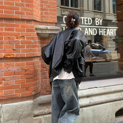 Solid Color Lapel Neck Leather Jacket - fairypeony