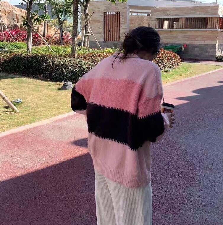 V-Neck Color Block Striped Sweater - fairypeony