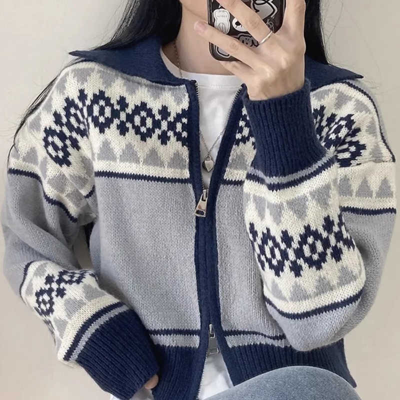 Vintage Jacquard Print Zip Up Cardgan - fairypeony