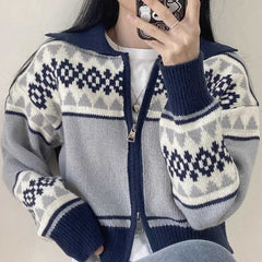 Vintage Jacquard Print Zip Up Cardgan - fairypeony