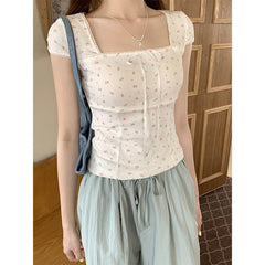 Lace Trim Square Collar Bow Short Sleeve Tee