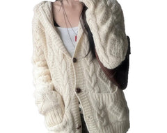 Twist-knit hooded cardigan in White, buttoned
