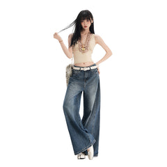 Womens High-Waisted Wide-Leg Denim Pants