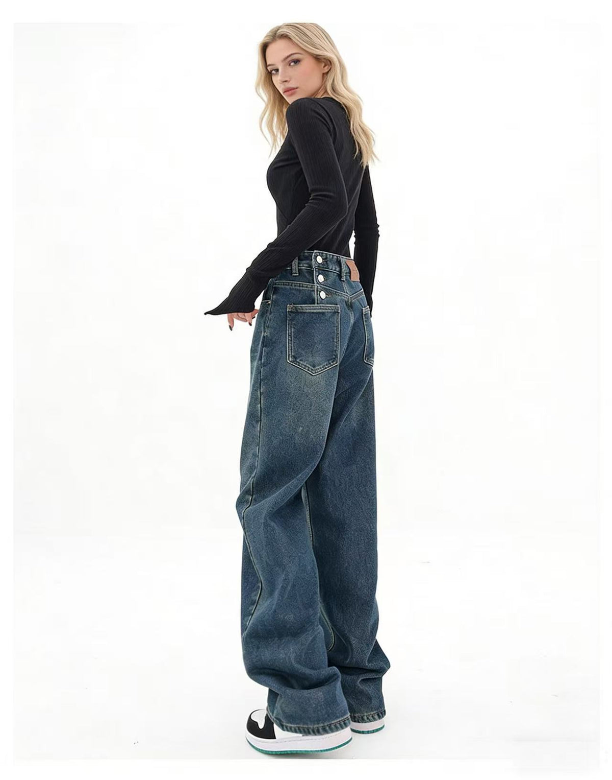 Vintage Washed Distressed Wide-Leg Jeans – High Waist Street Style Denim