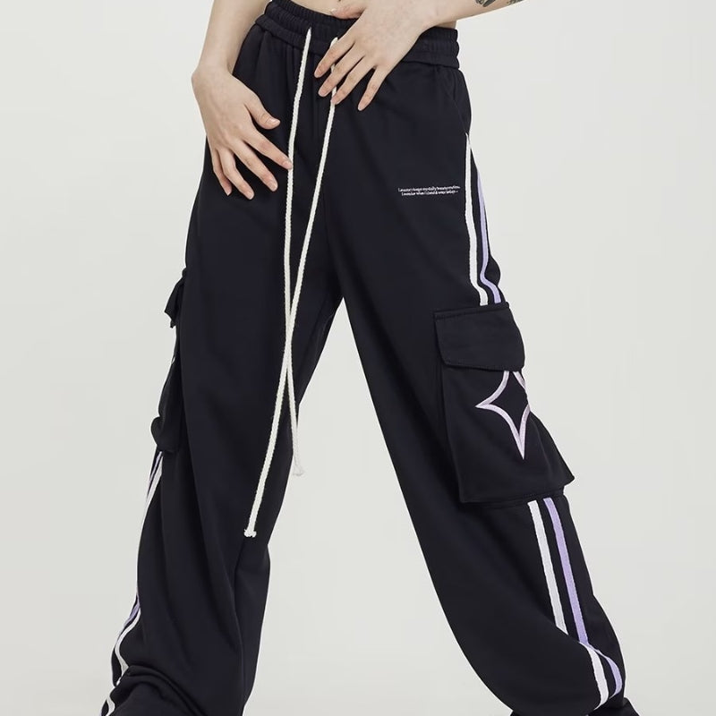 Big Pocket Stripe Drawstring Cargo Sweatpants - fairypeony