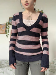 Retro Striped V-Neck Slim Sweater