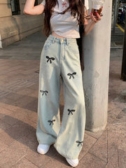 Vintage Lace Bow Print Baggy Boyfriend Jeans
