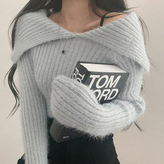 Solid Lapel Neck Fuzzy Sweater