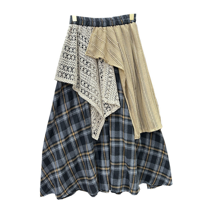 Vintage Lace Patchwork Plaid Maxi Skirt