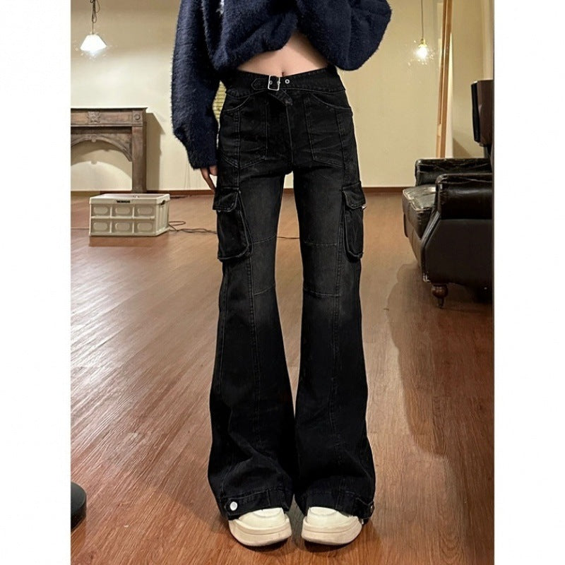 Vintage Wash High Waist Cargo Jeans