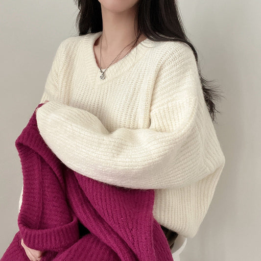 Vintage V-Neck Knitted Oversized Sweater