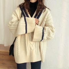 Contrast Color V Neck Cable Knit Sweater - fairypeony