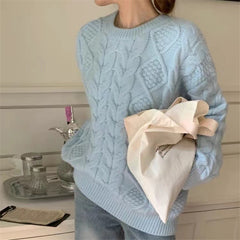 Solid Color Round Neck Cable Knit Sweater