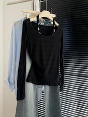 Faux Two-Piece Long Sleeve T-Shirt Set – Slim Fit Layered Tee with Striped Halter Cami in Green & Black (S–M)