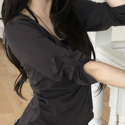 V-neck button henley tee in black, styled