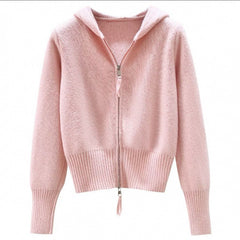 Solid Color Zip Up Waist  Trimming Hooded Cardigan