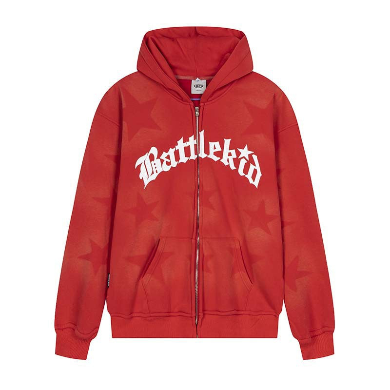 Oversized Star Print Zip Up Hoodie - fairypeony