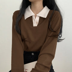 Polo Collar Long Sleeve Knitted Tee
