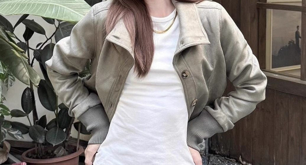 Retro high-street cropped coat in dark green-grey, worn open