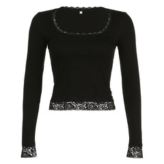 Lace Trim Splice Square Neck Crop Long Sleeve Tee - fairypeony