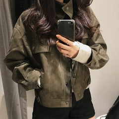 Stand collar loose suede-touch short jacket in military green, front view