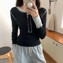 Sewing Details Patchwork Long Sleeve Tee