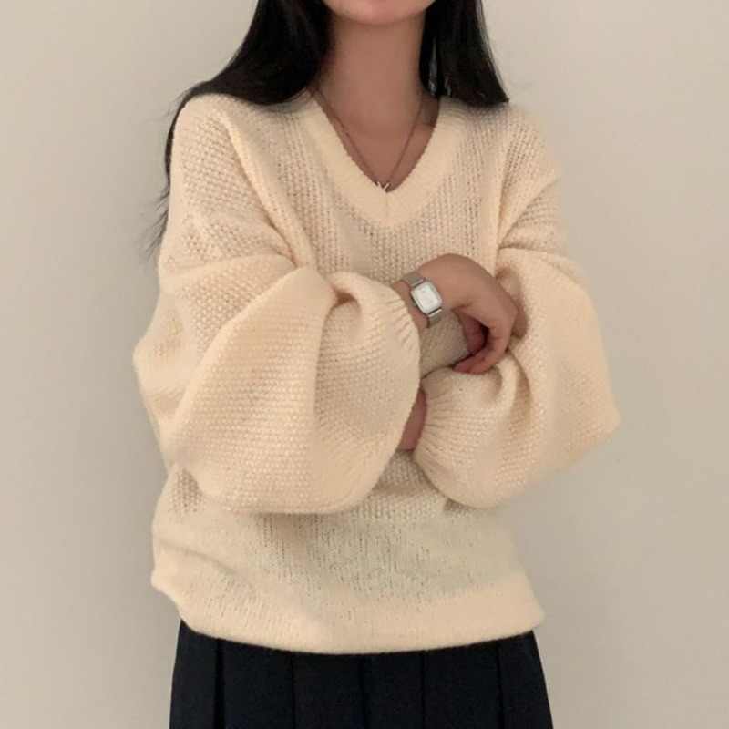 Solid Color V-Neck Loose Sweater
