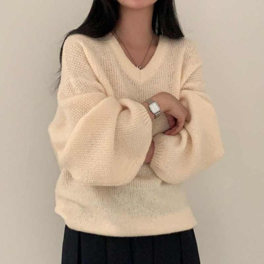 Solid Color V-Neck Loose Sweater