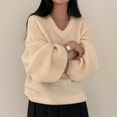 Solid Color V-Neck Loose Sweater