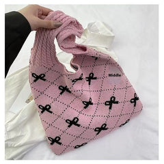 Bow Print Coquette Knitted Tote Bag