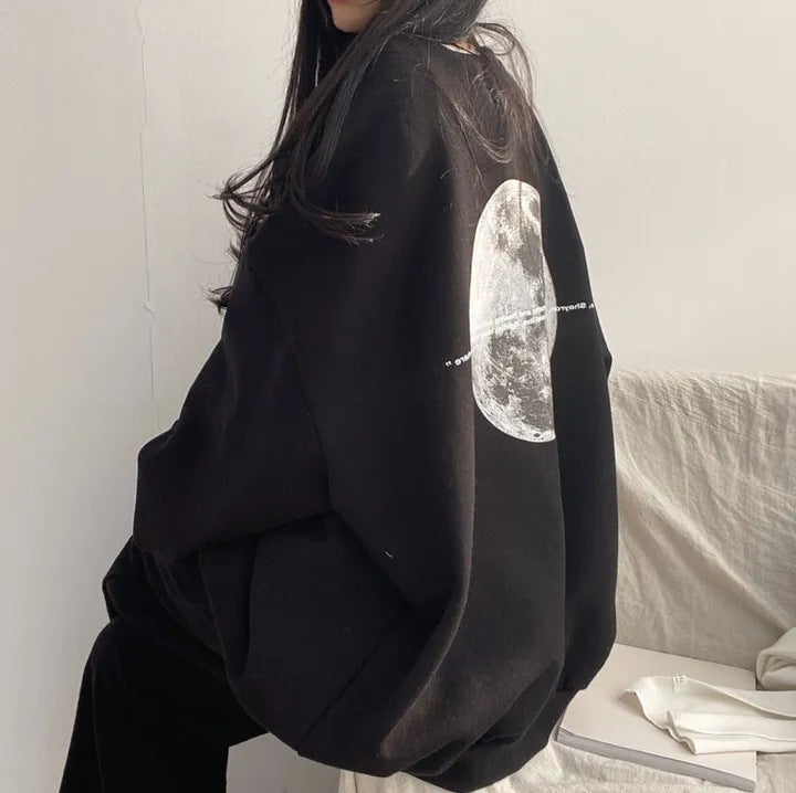 Vintage Back Moon Print Pullover Sweatshirt - fairypeony