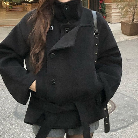 Retro Elegant Woolen Coat with Belt – Korean Chenille Fur Collar Short Coat