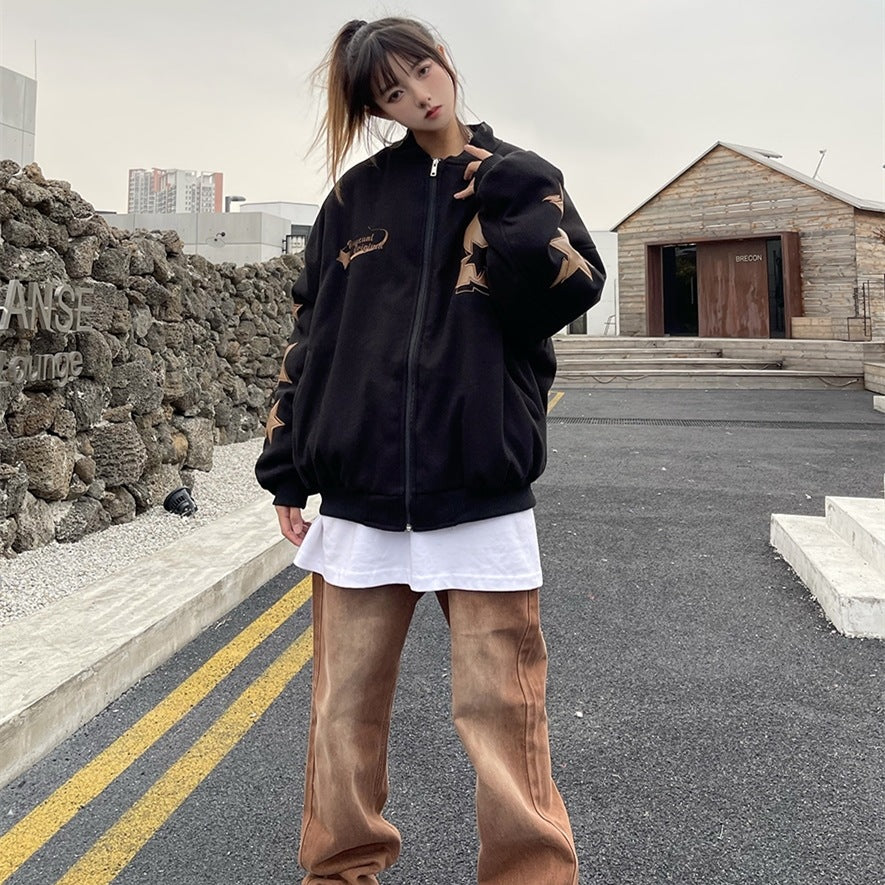 Street Embroidery Print Loose Baseball Jacket - fairypeony