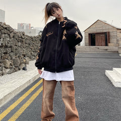 Street Embroidery Print Loose Baseball Jacket - fairypeony