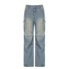 Washed Shirring Flap Pocket Cargo Jeans - fairypeony