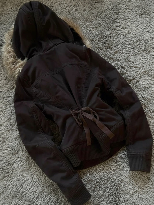Vintage Hooded Fur Collar Jacket – A-Line Slim Waist Faux Fur Coat