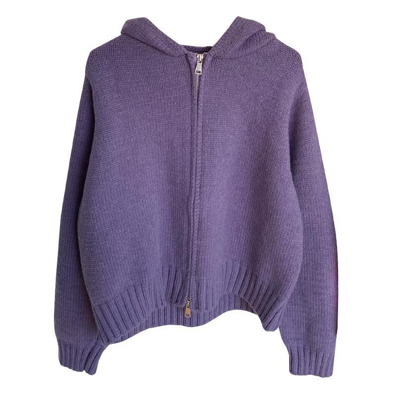 Solid Color Zip Up Hooded Knitted Cardigan - fairypeony