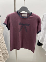 Lace Trim Bow Print Short Sleeve Tee