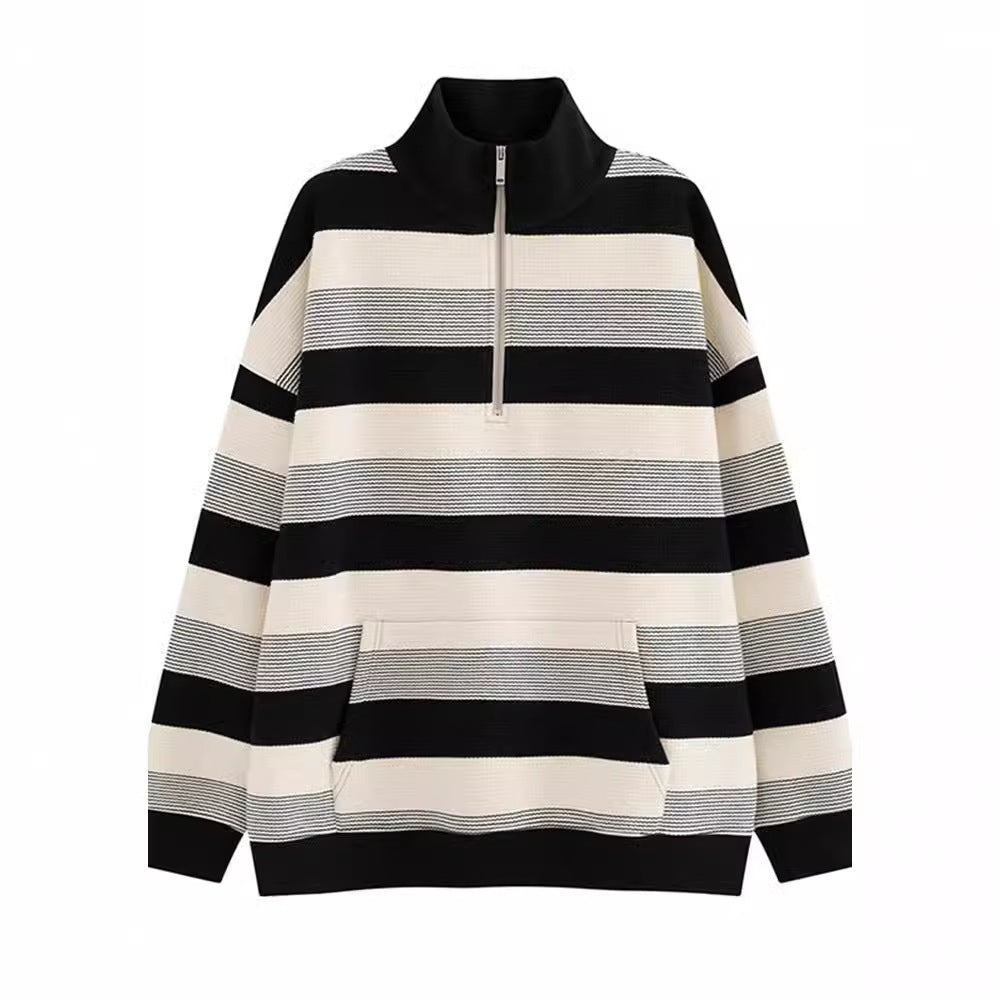 Vintage Striped Print Half Zip Oversized Sweatshirt