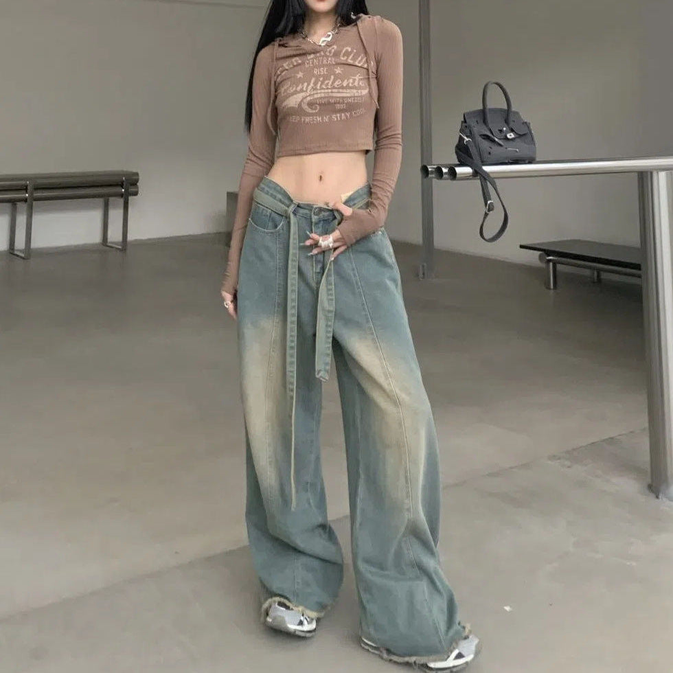 Tie Strap Seam Detail Vintage Washed Jeans - fairypeony